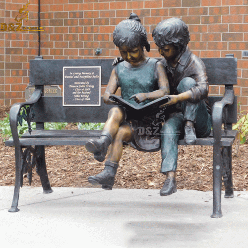 Garden decoration two children sitting on bench reading bronze statue DZB-45