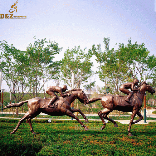 Two jockeys horse racing bronze race horse statue public art decoration DZB-26