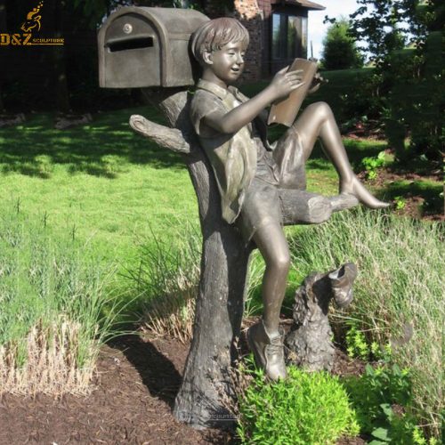 Bronze boy reading mailbox outdoor sculpture DZB-101