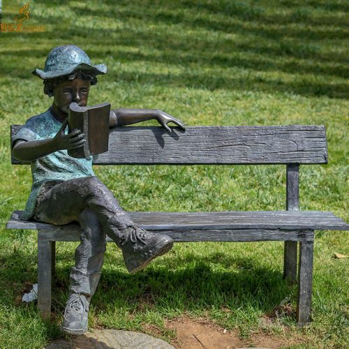 Bronze garden statues of little boy reading a Book sitting on bench DZB-80
