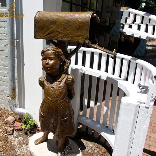 Bronze little girl waiting for letters outdoor mailbox statue DZB-103