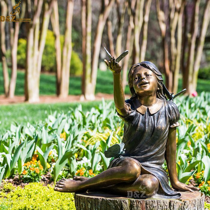 Bronze sitting little girl holding bird sculpture DZB-79