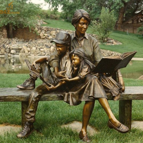 Casting bronze mother and child reading together garden statue DZB-81
