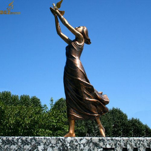 Handmade the beautidul girl releasing dove peace bronze statue DZB-75