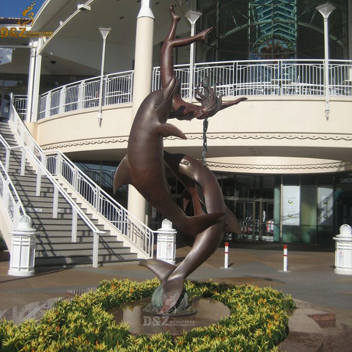 High quality public bronze art statue of girl with two dolphins DZB-73