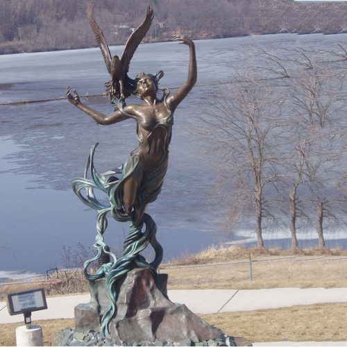 Life size bronze beauty girl and eagle river spirit sculpture DZB-70