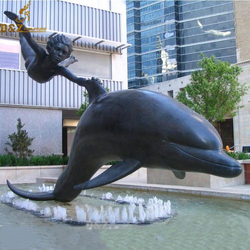 Public art bronze staue boy and a dolphin outdoor fountain DZB-72