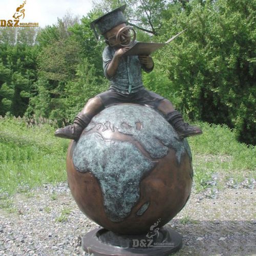 Ancient life szie bronze boy reading on the globe garden statue DZB-112