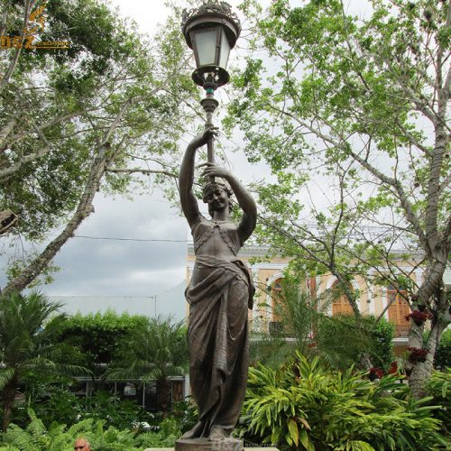 Aantique bronze woman holding lamp statue DZB-152