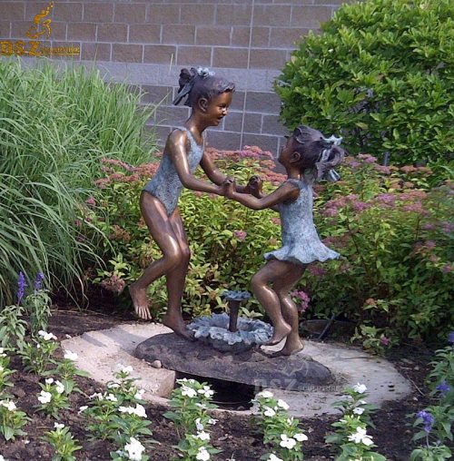 Garden two little gilrs dancing together bronze statue fountain DZB-174