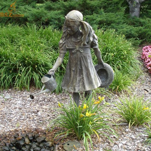 Girl water the flowers bronze statue in garden decoration DZB-216