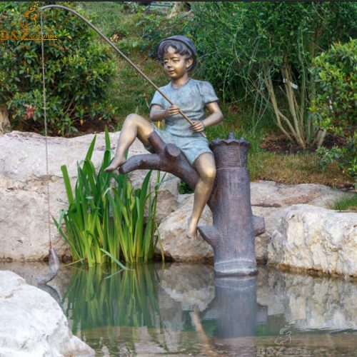 Little boy sitting on the tree fishing bronze staute for garden decoration DZB-209