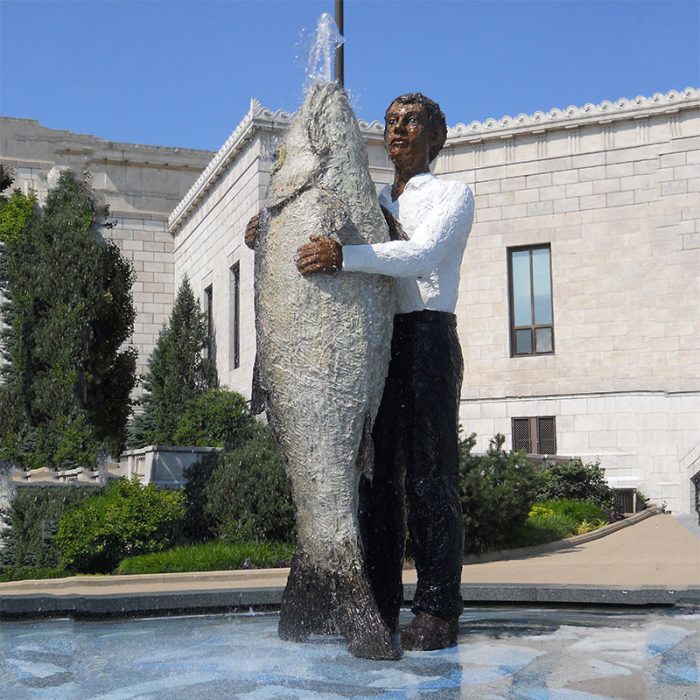 Man and fish bronze statue for aquarium outside decoration DZB-279