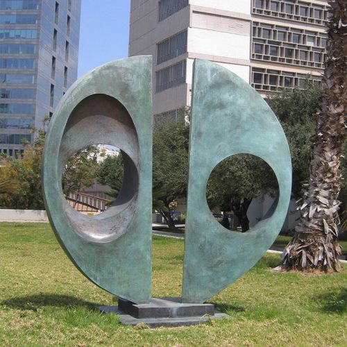 Outdoor abstract two forms aivided circle bronze statue by artist Barbara Hepworth DZB-288