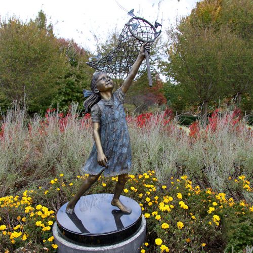 life size girl take along a butterfly net to catch flying butterflies bronze statue for garden decoration DZB-307