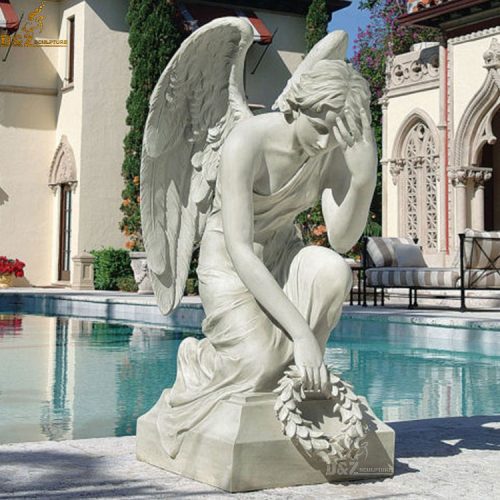 Hand carved white marble weeping angel statue with garlands for tombstone decoration DZB-331