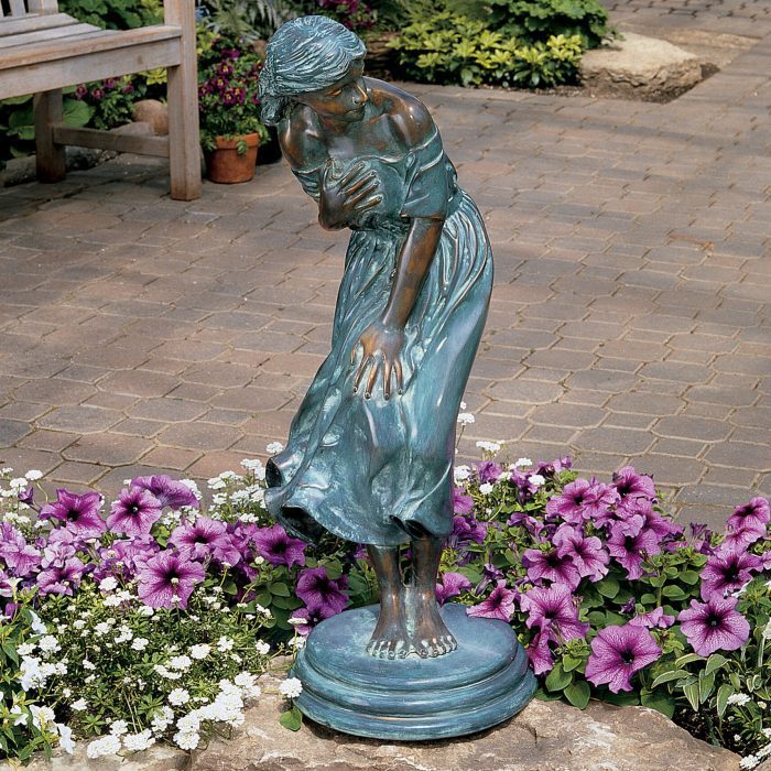 Life size casting bronze windblown girl statue in garden decoration DZB-338