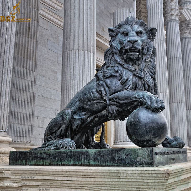 Customized size bronze lion with ball statue for front entrance decoration